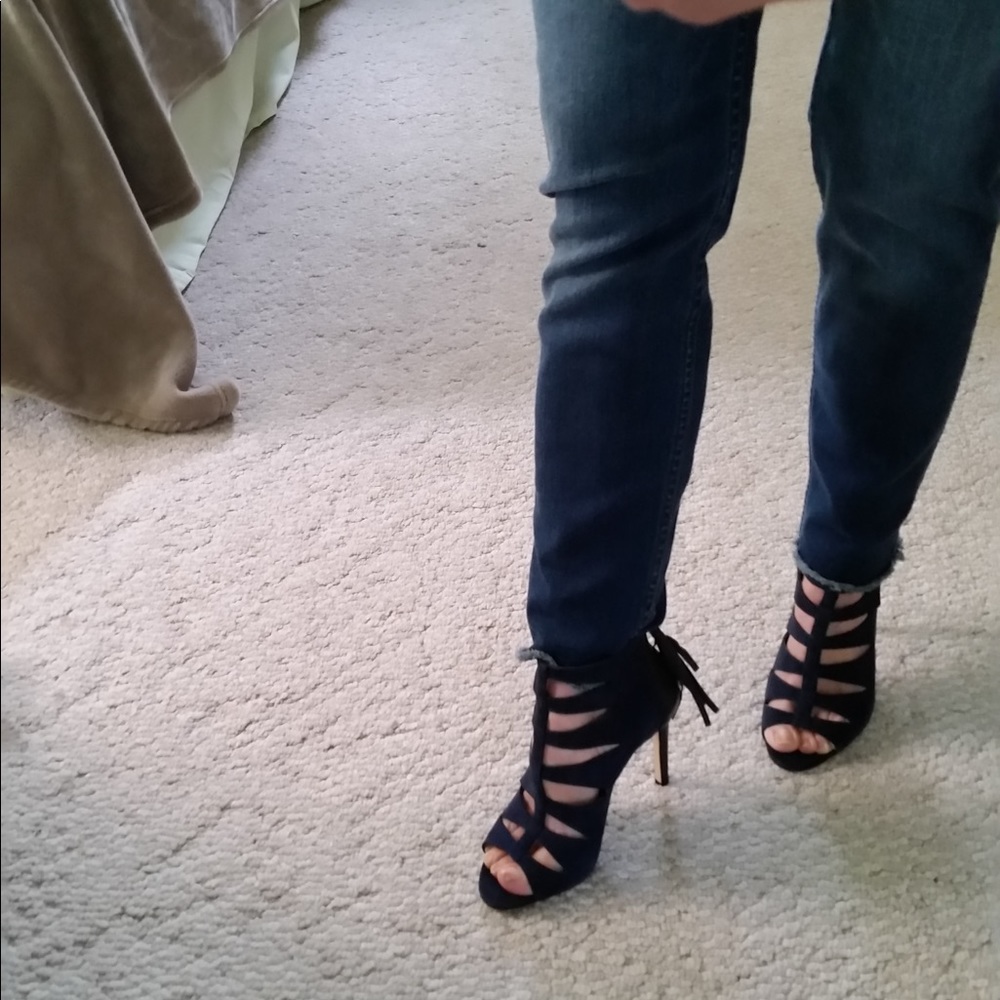 Navy Blue Suede Cage Heels